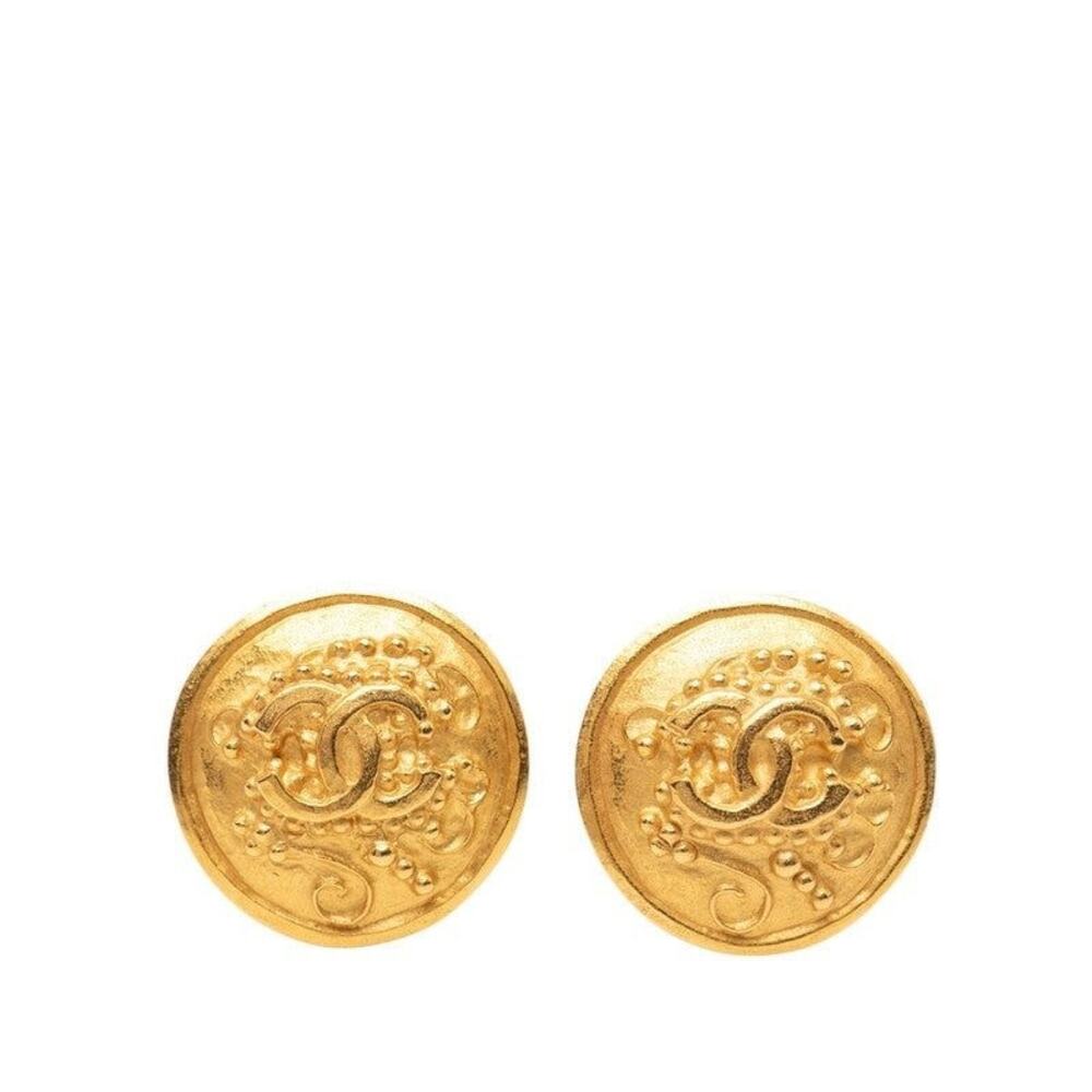 Chanel CC Logo Round Plated Earrings Gold